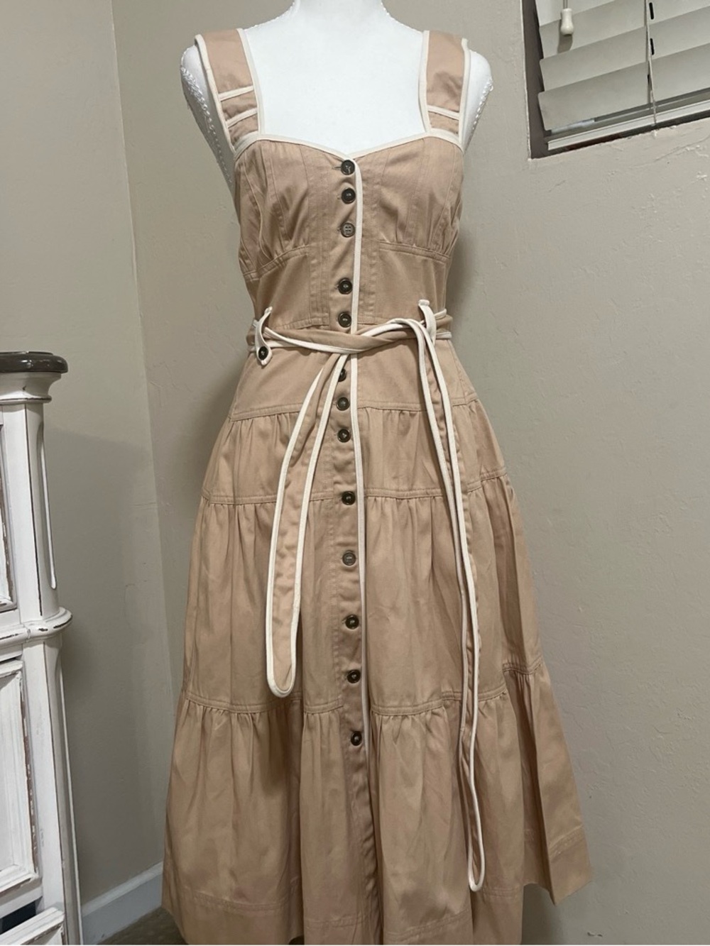 Moon River Beige Tiered Button-Front Midi Dress with Rope Belt - Picture 1 of 5